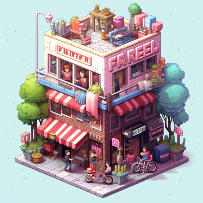 aijessy_Isometric_clean_pixel_art_image_of_outside_of_cute_desi_Existing game for ai