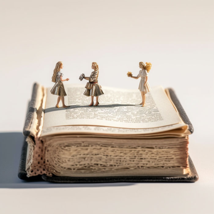 aijessy_two_very_small_women_walking_on_a_miniature_book_intric_Miniature art 