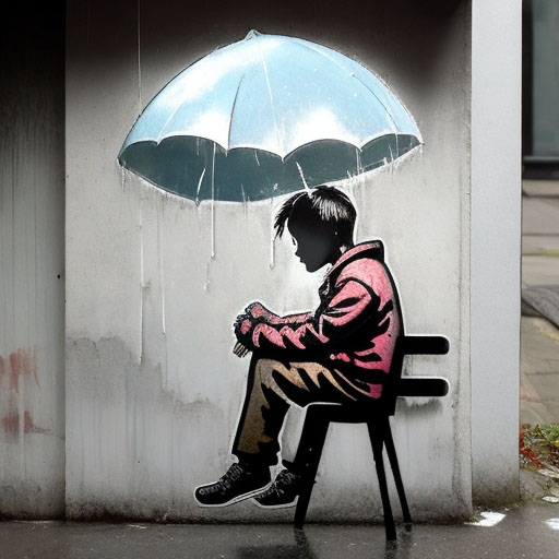 DreamShaper_v5_a_stencil_street_art_of_a_boy_sitting_on_a_rain_1