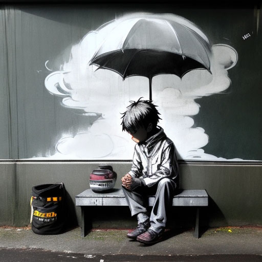 DreamShaper_v5_a_stencil_street_art_of_a_boy_sitting_on_a_rain_1