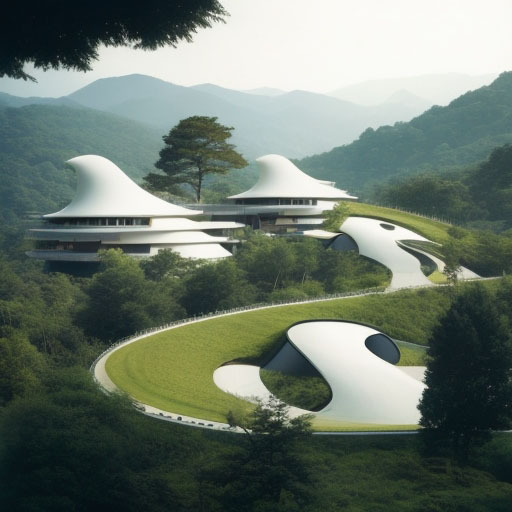 DreamShaper_v5_organic_resort_embed_into_aseries_of_hills_desi_0
