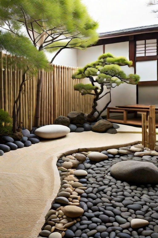 Contemporary and minimalist Japanese garden with a sleek and elegant design