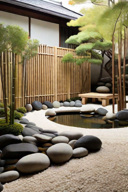 Contemporary and minimalist Japanese garden with a sleek and elegant design