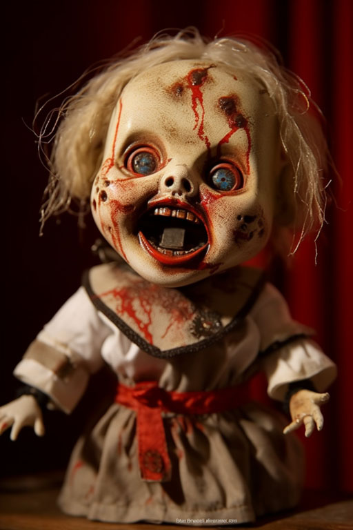 Evil haunted doll with mouth wide open and full of sharp teeth