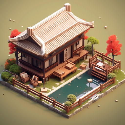 Isometric clean image of an old Japanese ryokan with a small open air hot spring