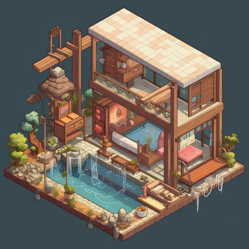 Isometric clean pixel art image cutaway of inside of japanese bath house