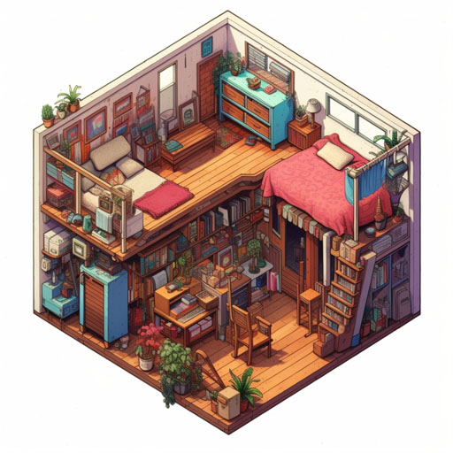 Isometric clean pixel art image cutaway of inside of tinyapartment