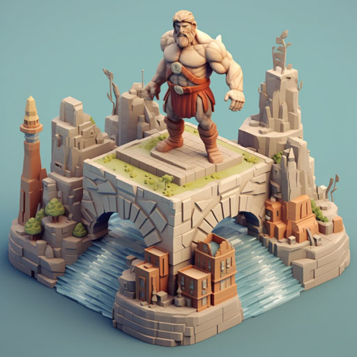 cute isometric, The Titan of Braavos is a statue of warrior, standing over river that leads to city harbor, game of thrones, made in blender 3D