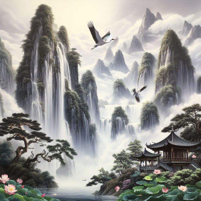 Spectacular Pine Tree and Waterfalls Chinese Painting, Chinese