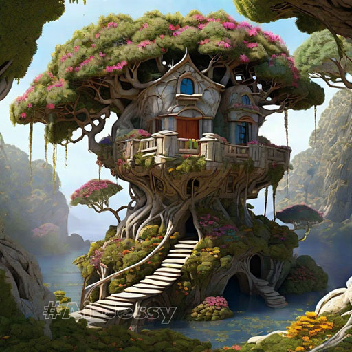 ancient marble tree house in fairy forest