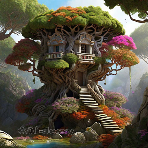 ancient marble tree house in fairy forest