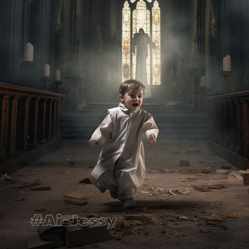 A little Christian priest run away from halloween ghosts.