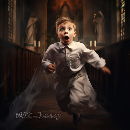 A little Christian priest run away from halloween ghosts.