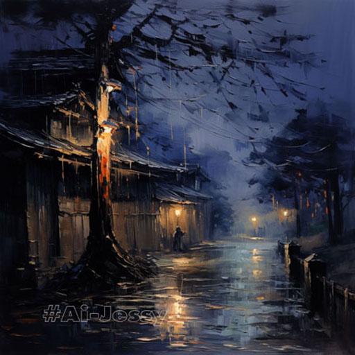 "Dark night, cold atmosphere in Japan, cinematic light" Style: "Oil painting" 