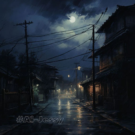 "Dark night, cold atmosphere in Japan, cinematic light" Style: "Oil painting" 