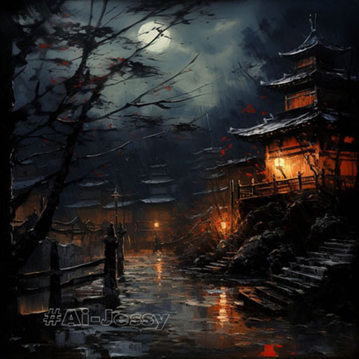 "Dark night, cold atmosphere in Japan, cinematic light" Style: "Oil painting" 