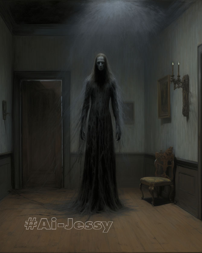 a painting of a woman in a dark room, ghostly forms, walter launt palmer,