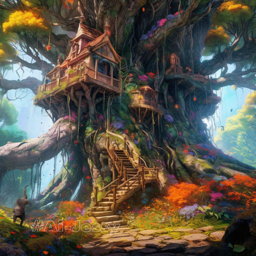 ancient marble tree house in fairy forest