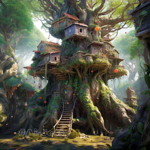 ancient marble tree house in fairy forest