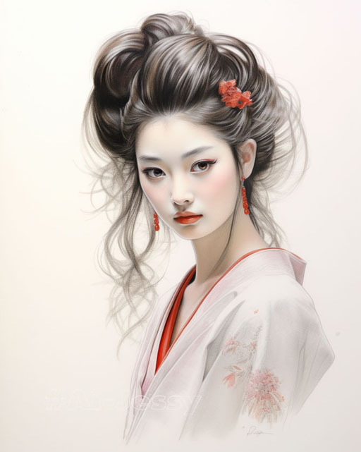 Colored pencil sketch of a classic geisha, red streaks in her hair, gentle seductive smile, 2D, drawn on paper, full-length, traditional tabi