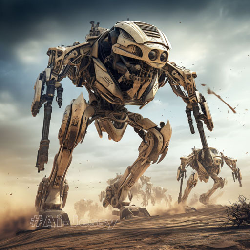 multi legged warrior droids with futuristic weapons, on the battlefield 