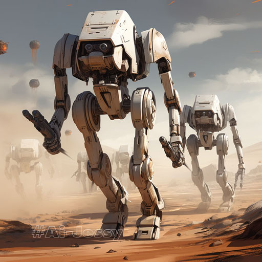 multi legged warrior droids with futuristic weapons, on the battlefield --v 5.2 --style raw
